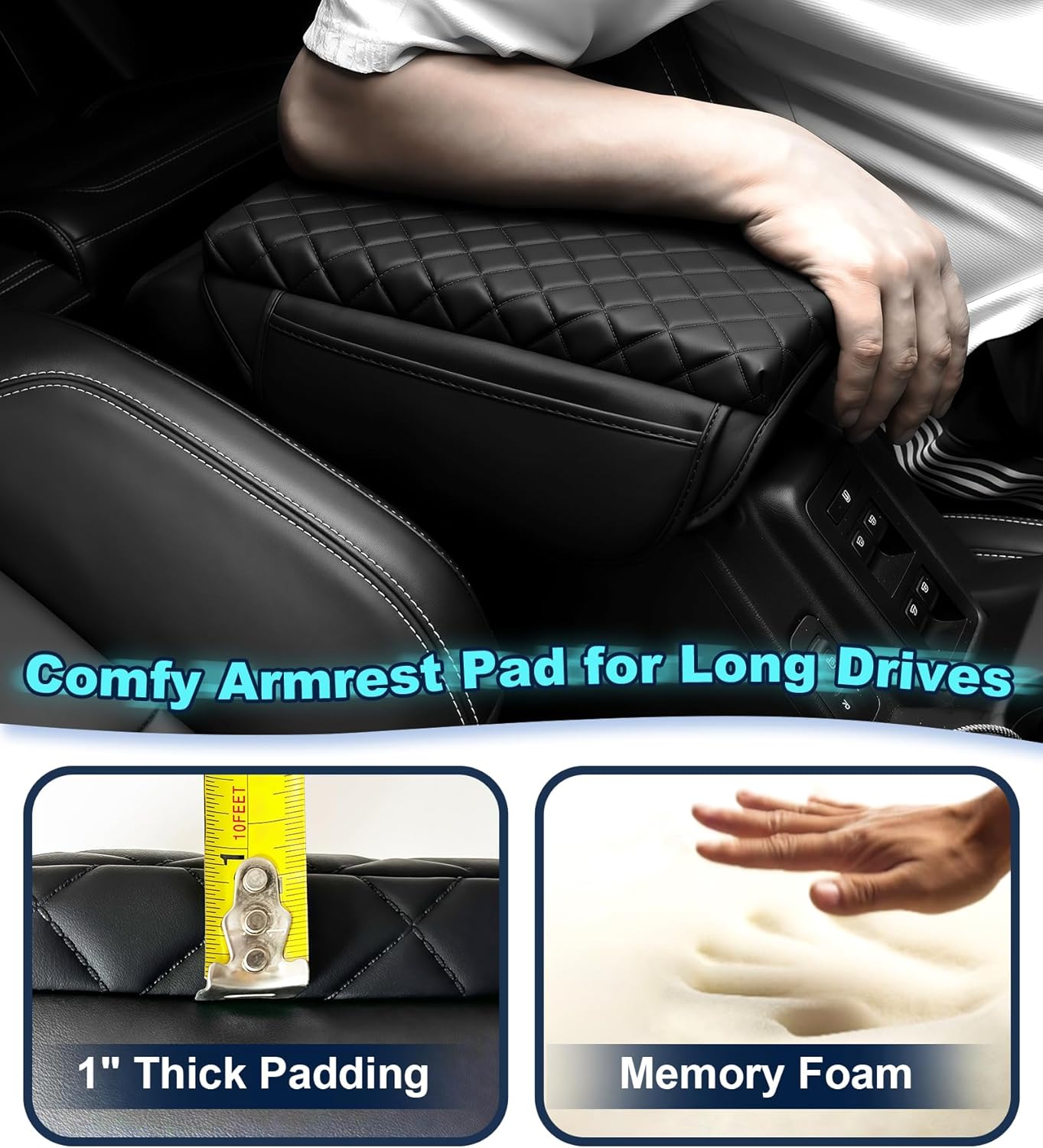 Armrest Cover for Ford Bronco 2021-2025 Center Console Pad with Organizer Storage Pockets, Black Faux Leather Arm Rest Lid Protector Cushion Interior Accessories 2/4 Door (for Bronco)