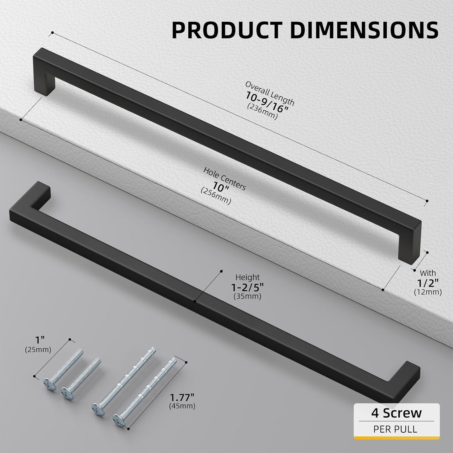 goldenwarm 200 Pack 10 Inch Black Cabinet Handles Matte Black Drawer Pulls Stainless Steel Cabinet Hardware Square Bar Modern Cabinet Handle for Kitchen Bathroom Cupboard