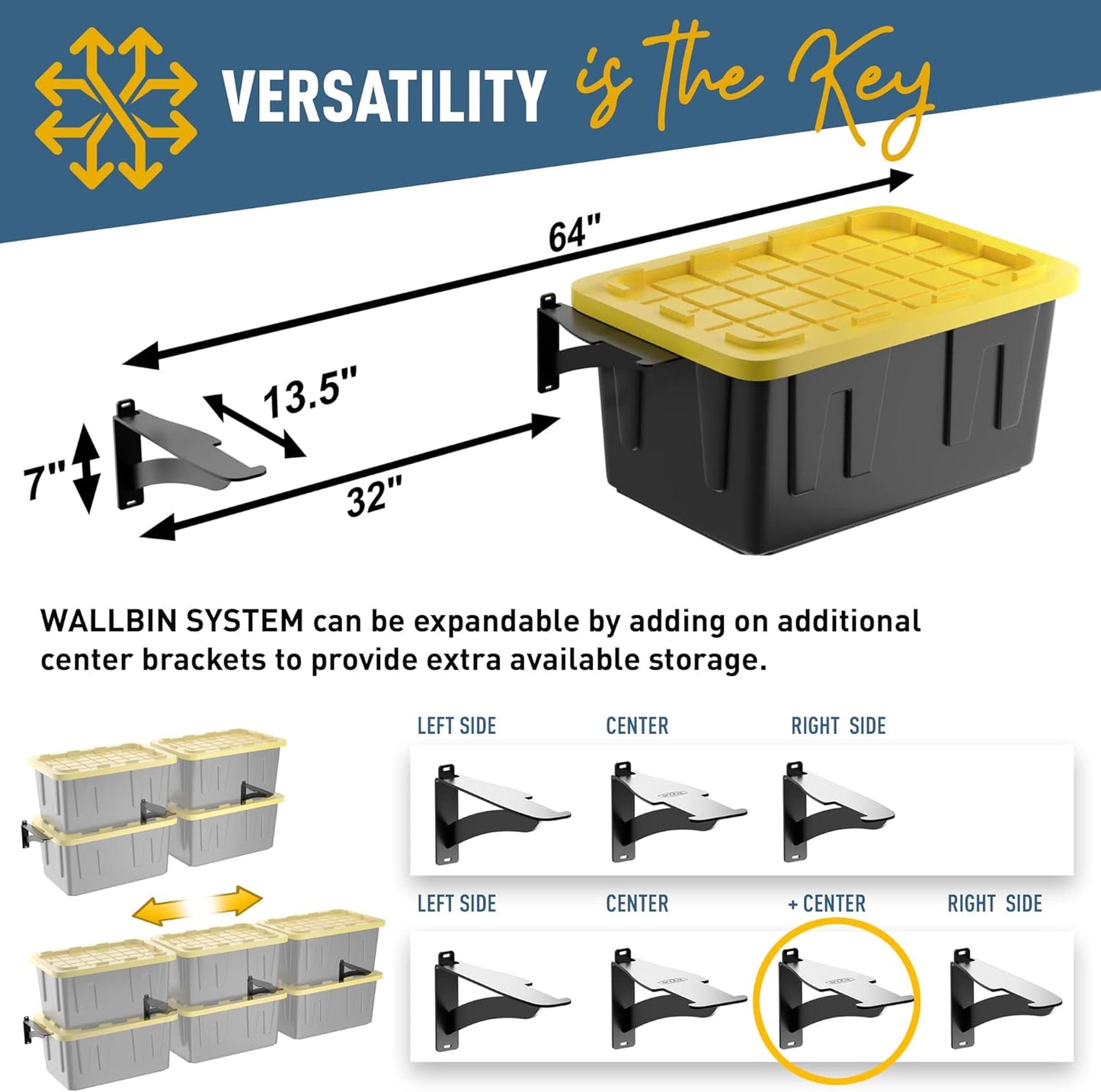 Koova Wall Mounted Tote Rack Storage System, Fits 27-Gallon Black and Yellow Commander Style Bins, Wall Mount Bracket Shelves for Garage Organization, Heavy Duty Steel, Made in USA (1-Piece Add-on)