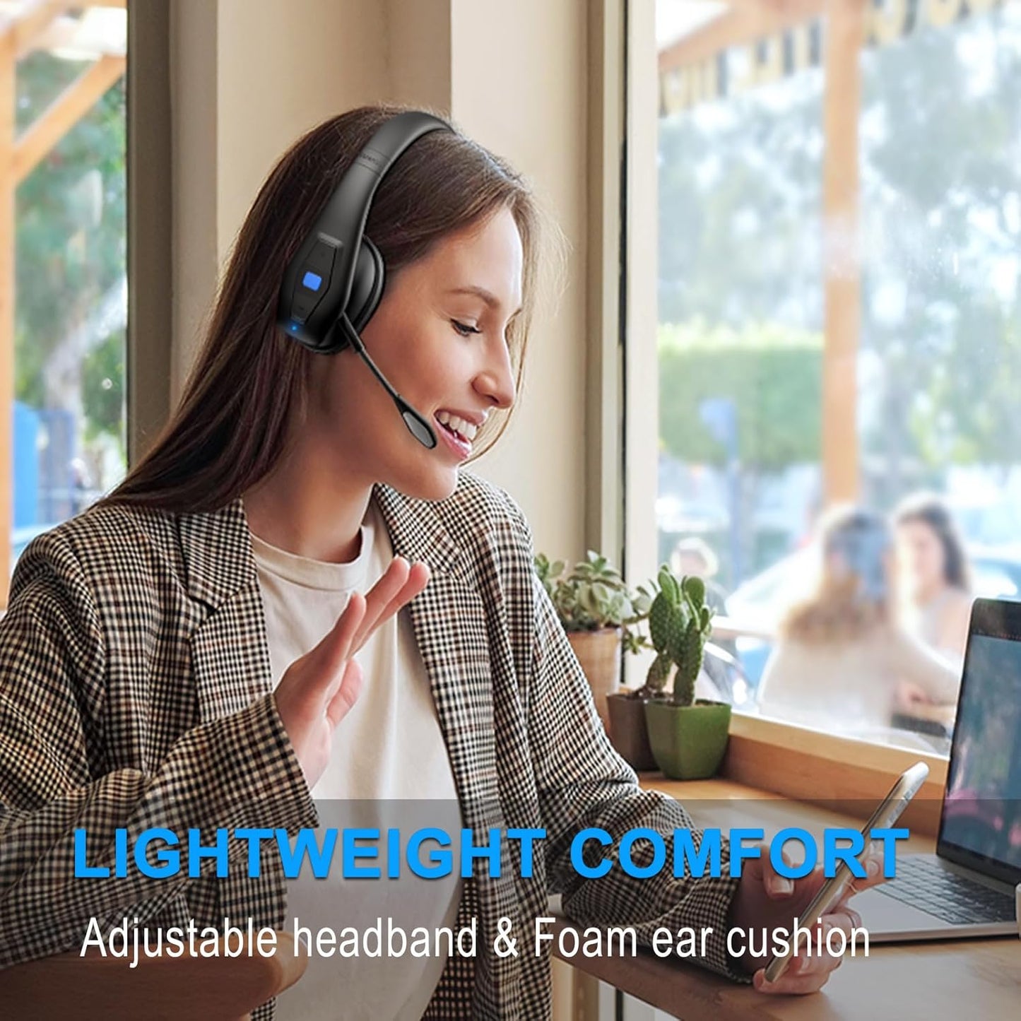 CONAMBO JBT100 Trucker Bluetooth Headset with Dual Mic Noise Canceling, CVC8.0, Mute Button, 60Hrs Battery Wireless Headset, On Ear Headphone for Cell Phones Business Home Driver Office Work