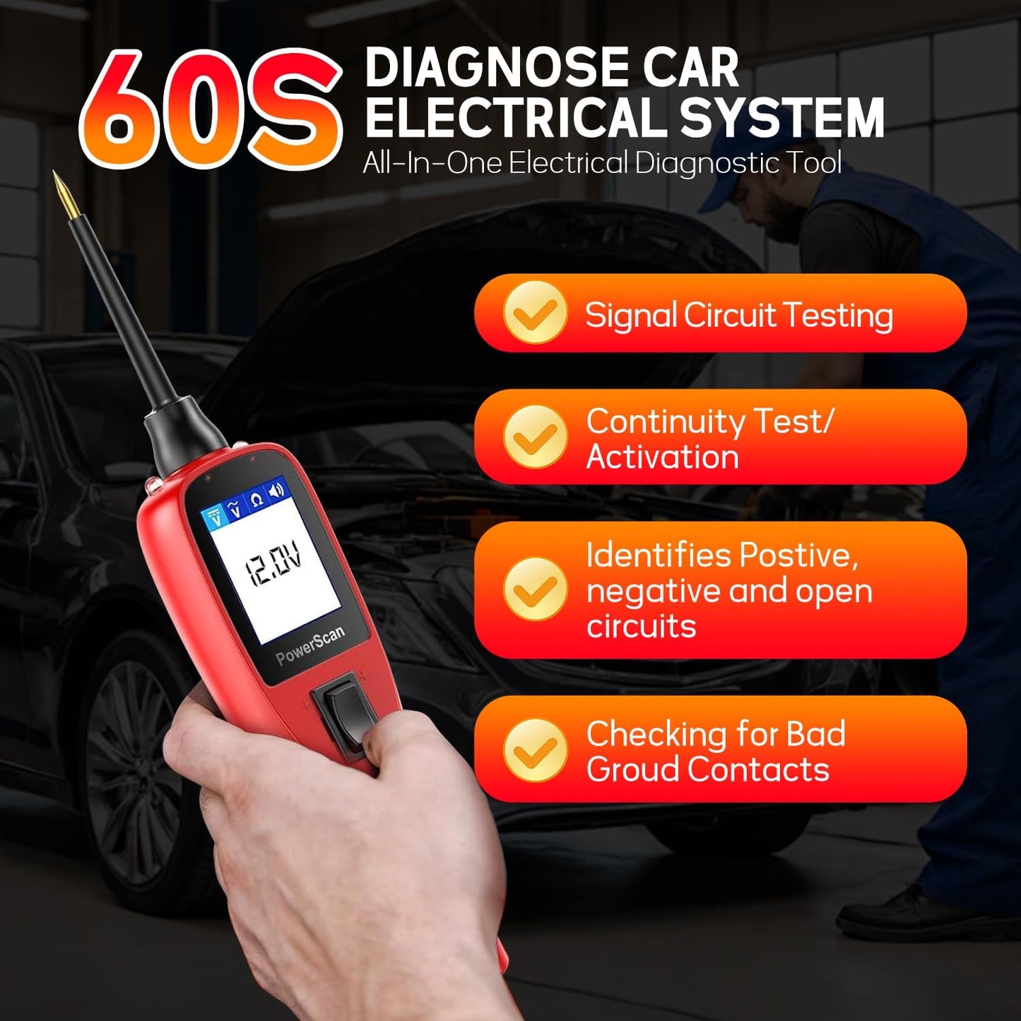 Autel PowerScan PS100 Automotive Circuit Tester, Power Circuit Probe Scan Tool, 12-24V Electrical Short Open Breaker Circuit Finder, AC/DC Current Resistance, 20ft Extension Cord, for 99% Car