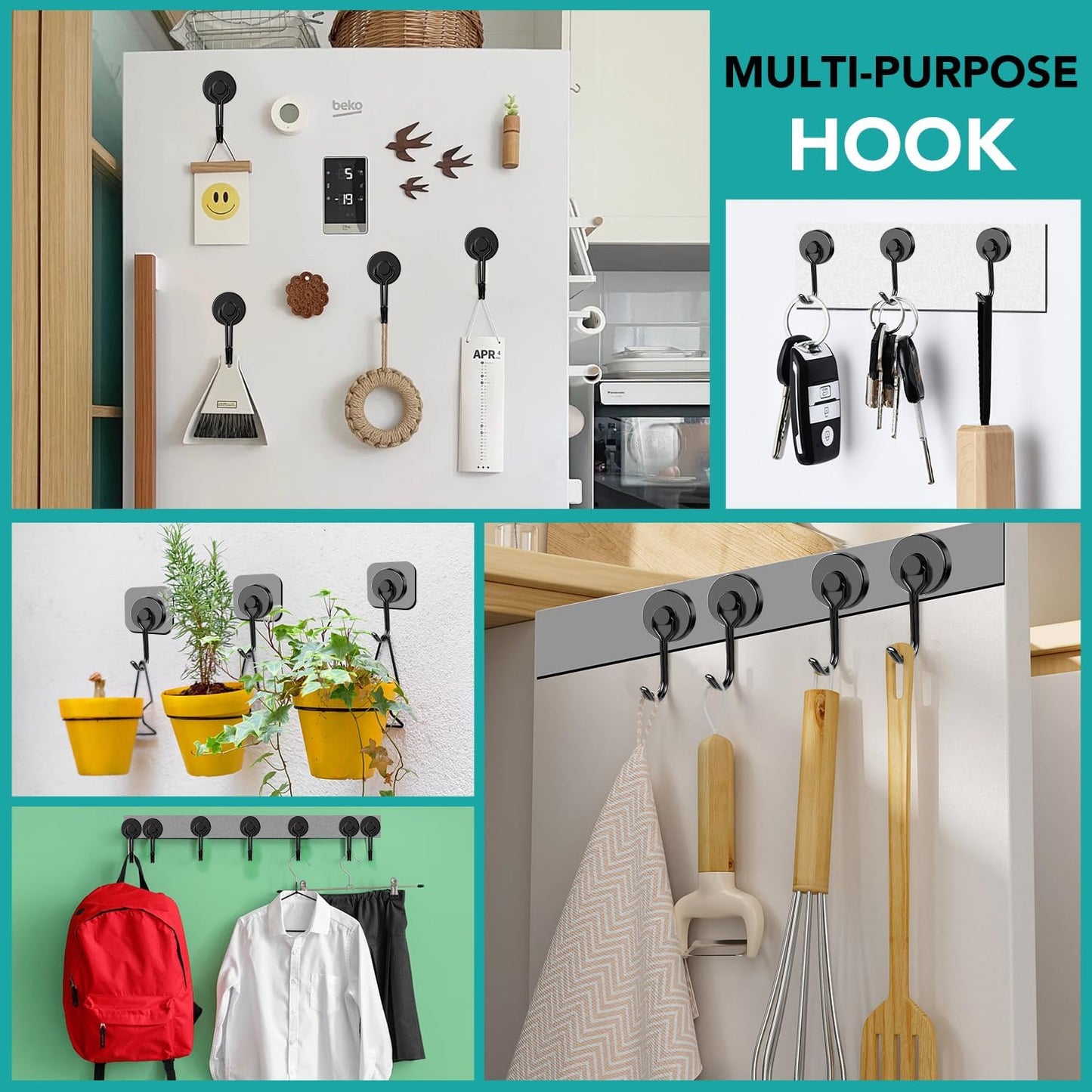 DIYMAG Black Magnetic Hooks, 80LBS Strong Magnetics Heavy Duty, Magnet Hook with Metal Hanger for Hanging Refrigerator Home Kitchen Office, 4Pack