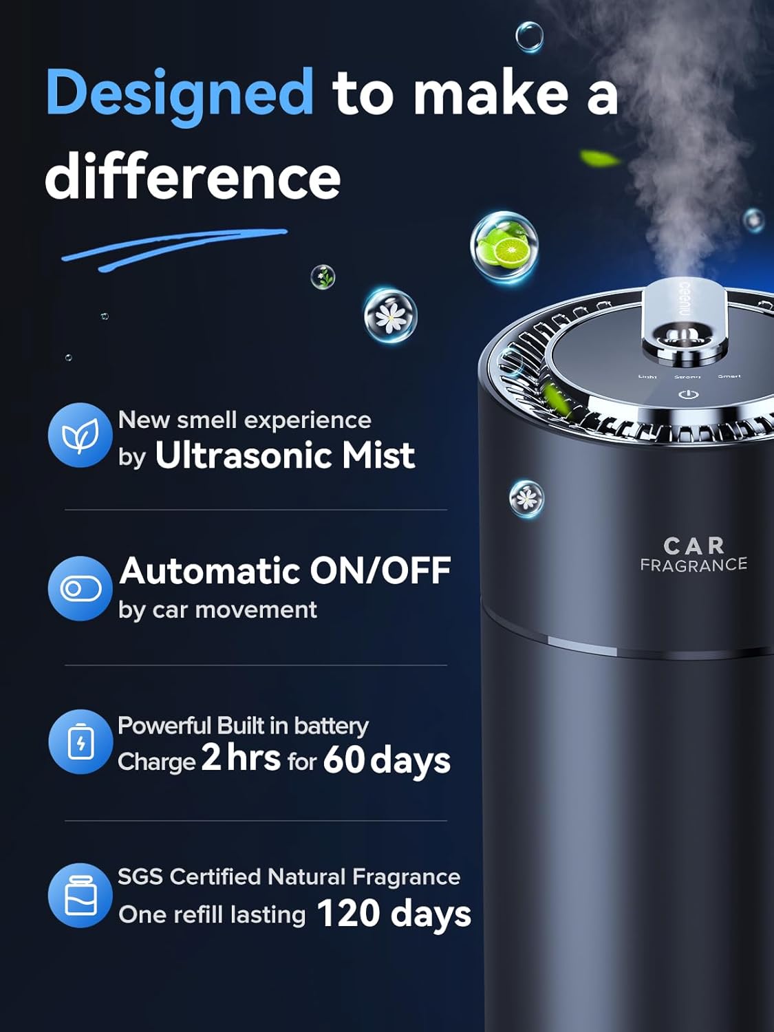 Ceeniu Smart Car Air Fresheners, New Smell Experience By Ultrasonic mist, Auto On/Off, Natural Fragrance Lasts for 4 Months, Adjustable, Built-in Battery Car freshener