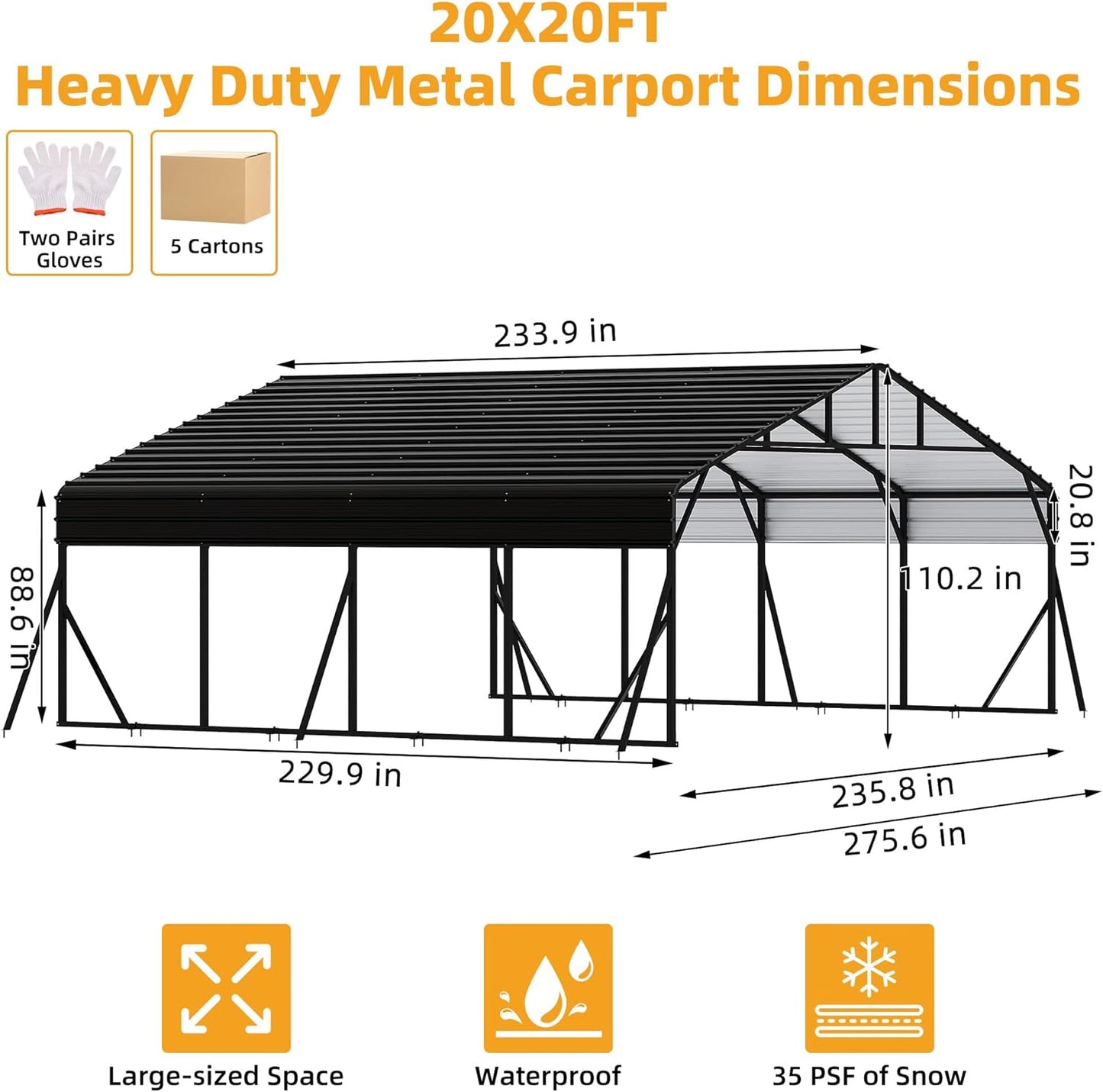 20x20FT Metal Carport Kits with Galvanized Steel Roof, Heavy Duty Metal Roof Carport with Enhanced Base, Tall MetalCarport Kits Garage for Tractors, Pickup, Boat, Car