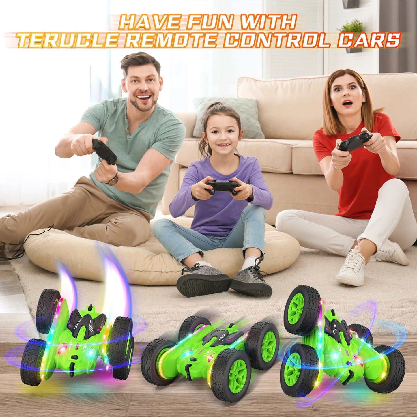 Remote Control Car, Rc Cars Stunt RC Car Toys Upgraded Strip Lights and Headlights Kids Toys Double-Sided 360° Rotating 4WD Drift Truck for Boys Girls Birthday Gift (Green)
