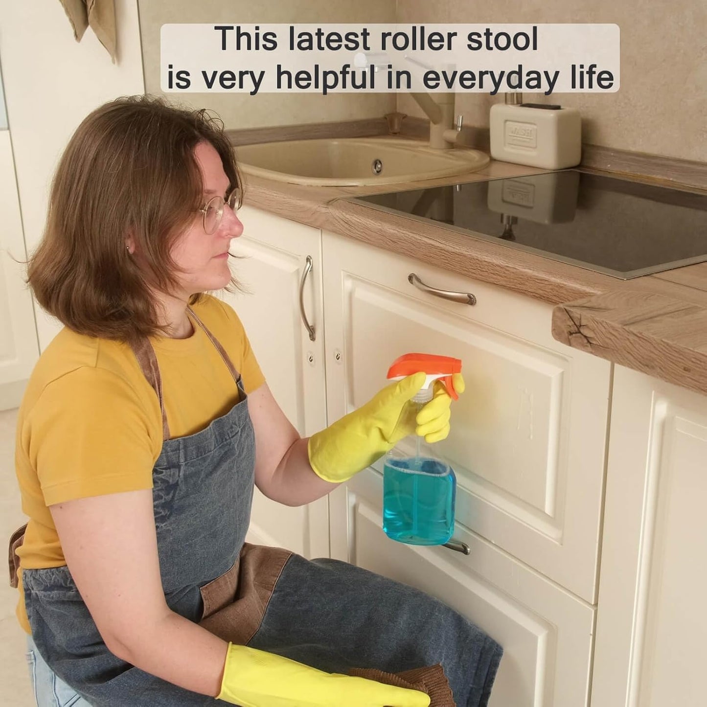 Rolling Stool and 4 Wheels with Brakes Rolling Chair for Home Office Garage Shop Roller Seat Water-Proof High Density Cushion and Steel Black