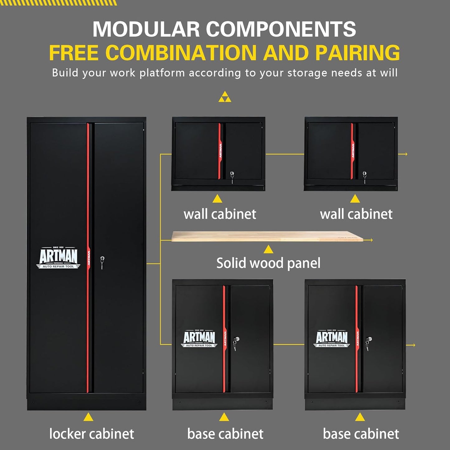 Garage Storage Cabinets System, 6-Pcs Workshop Cabinet Set in Black and Red, Included Steel Cabinets, LED Lights, Wood Panel, Key Locking, Adjustable Door Panels and Legs