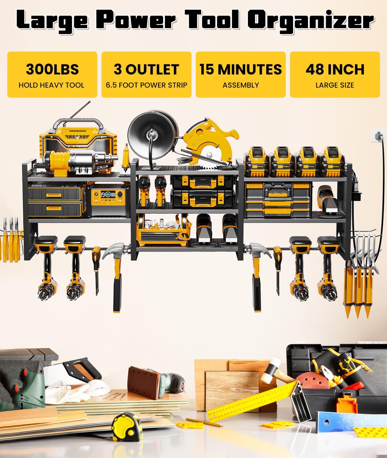 Heavy-Duty 48" Wall Mount Power Tool Organizer with Charging Station – 3-Tier Garage Organization Rack for Drills, Wrenches & Tools – Includes 16 Hooks & Pegboard Sides
