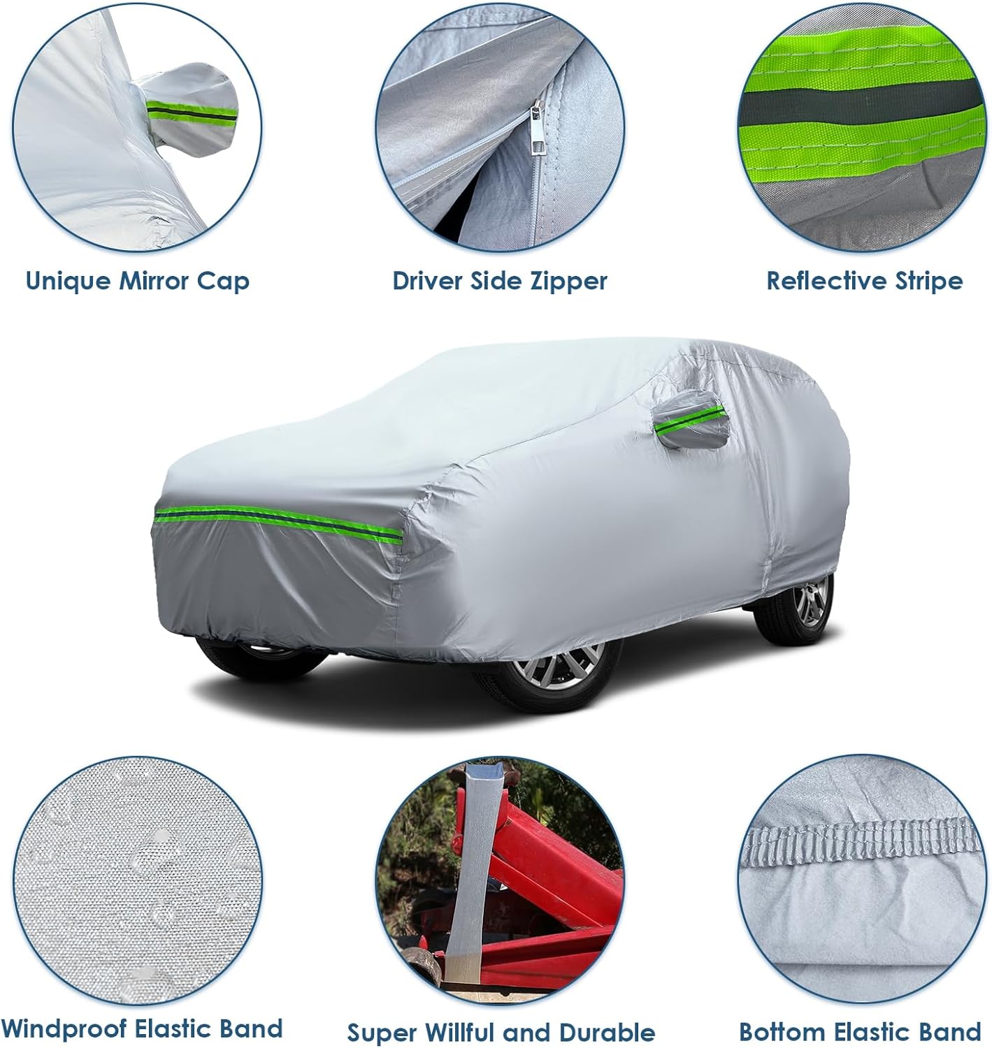 AUQDD 6-Layers Premium SUV Car Cover Waterproof All Weather Weatherproof UV Sun Protection Snow Dust Storm Resistant Outdoor Exterior Custom Form-Fit Full Padded Car Cover with Straps 188"-200" K8