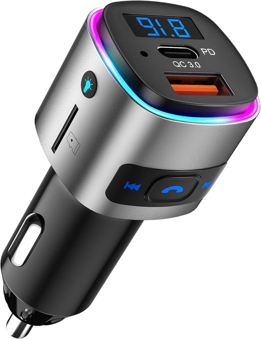 (Upgraded Version) FM Transmitter Bluetooth, SONRU Bluetooth Car Adapter [PD 30W & QC3.0 18W], Wireless FM Radio Transmitter, Hands-Free Calling, Siri Google Assistant, TF Card