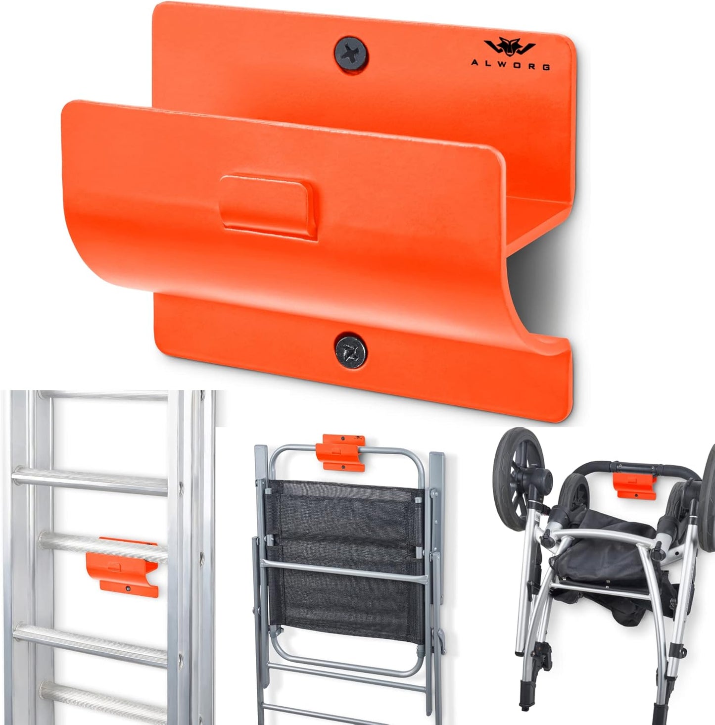 Orange Garage Storage Hooks - Heavy Duty Ladder Wall Mount, Wheelbarrow Hanger, Tool Holder, Hanging Brackets for Ladders, Folding Chairs
