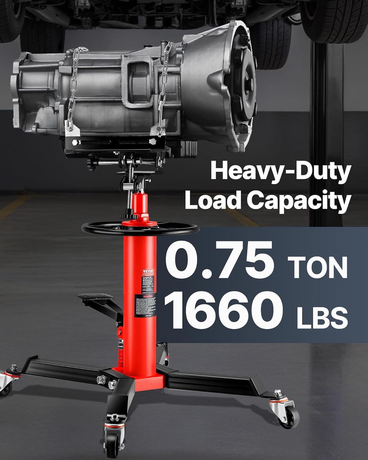 VEVOR Transmission Jack,0.75 Ton/1660 lbs Capacity Hydraulic Telescopic Transmission Jack, 2-Stage Floor Jack Stand with Foot Pedal, 360° Swivel Wheel, Garage/Shop Lift Hoist, Red