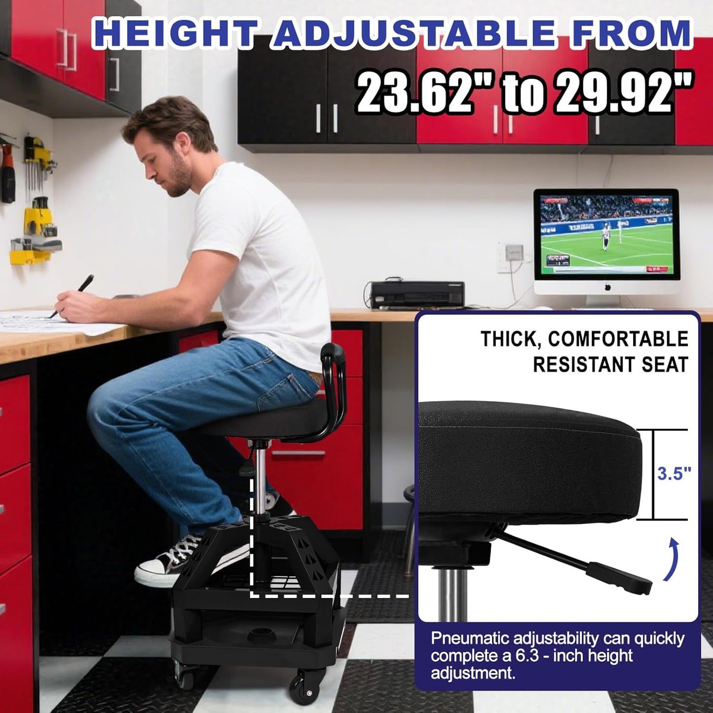 Rolling Shop Stool with Wheels, Heavy Duty Garage Work Mechanic Stool with Backrest, Adjustable Height 360°Swivel Rolling Chair with Tool Tray Storage, 330 LBS Capacity, Black