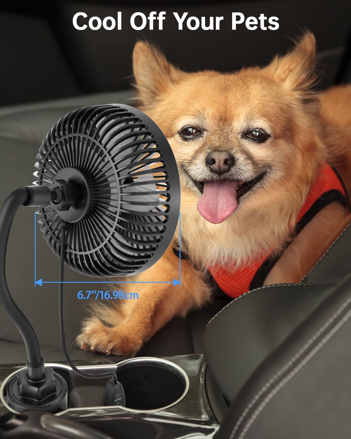 12V Car fan, 3-Speed Portable Vehicle Fan for Front Seat, Cigarette Lighter Powered with Car Charger, Mounted in Cup Holder, 360° Rotation, Car Necessities for Dog/SUV/RV/Truck/Van