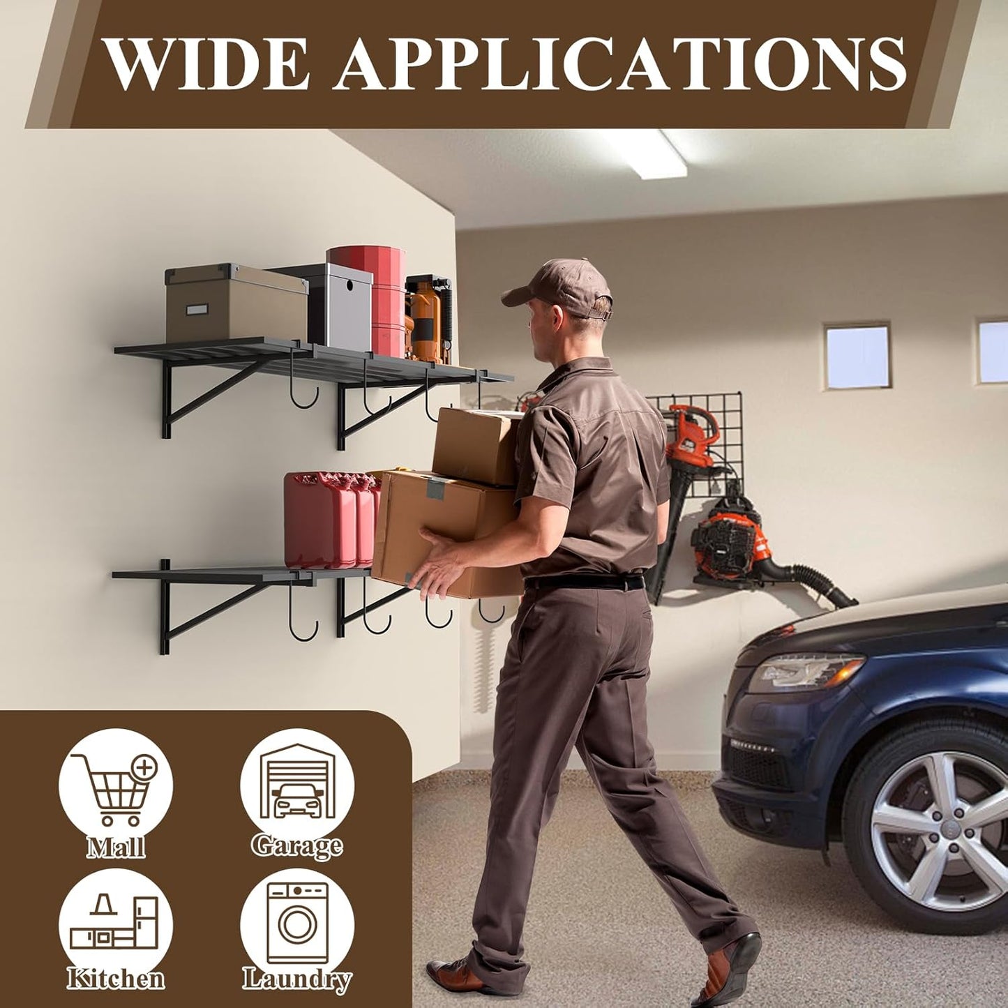 PEKGRIL Garage Wall Shelving Set of 2, 1.5X4 ft Garage Wall Shelves with 8 Hooks, Heavy Duty Wall Mounted Storage Shelf, Loads 260 lbs Each Metal Wall Shelf, Black