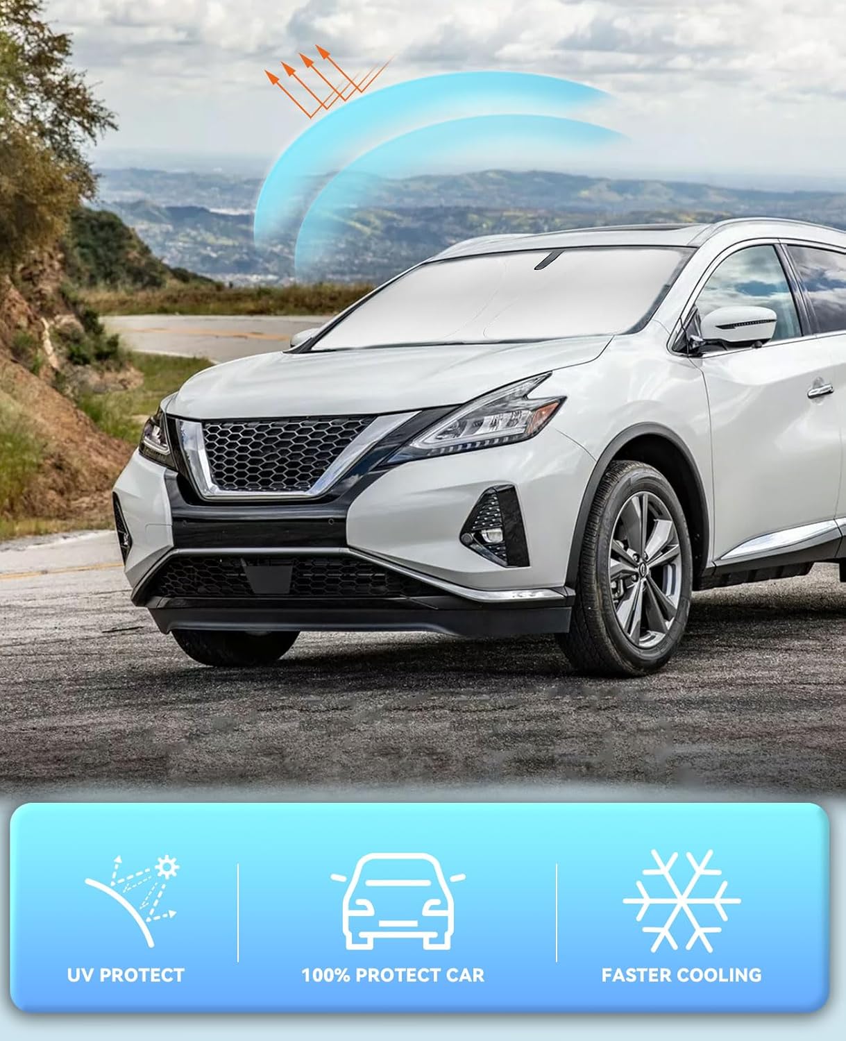 Sun Shade for Murano Windshield Sunshades for 2015-2023 2024 2025 Nissan Murano Accessories Windshield Cover 240T Material Foldable Front Window Shields Sun Visor Protect Car Blocks UV Rays