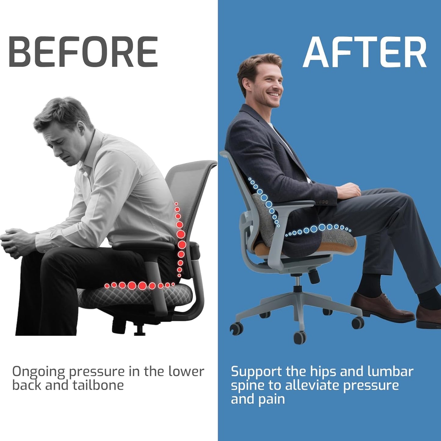 Memory Foam Seat Cushion,Office Chair Cushion with Lumbar Support for Back Pressure Relief, Car Seat Cushion with Adjustable Strap,Sciatica Pad Cushions for Car,Truck, Desk,Gaming Chair