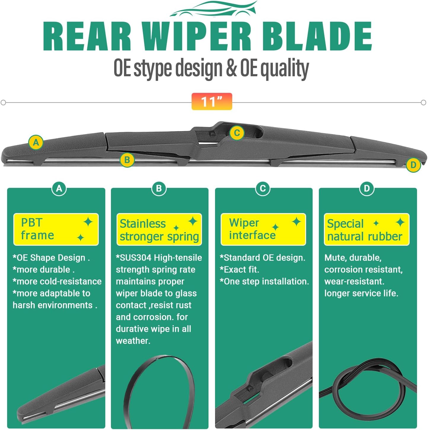 24" 18" 11" Windshield Wiper Blades Replacement for Kia Seltos 2021 2022 2023 2024 Premium All Weather Front Rear Wipers Set - OEM Quality (Pack of 3)