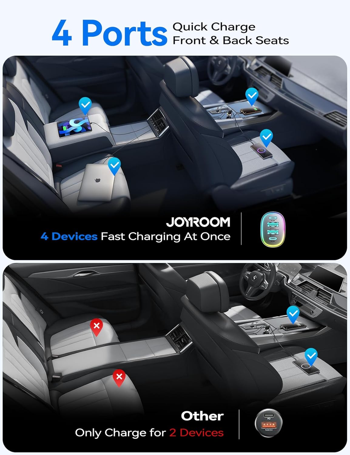 JOYROOM Car Charger USB C, 90W 4 Port Car Charger Adapter for iPhone 16 Fast Charging, Road Trip Essentials Fast Cigarette Lighter Adapter, Truck Car Accessories for iPhone15/14 Pro, Samsung S25/S24