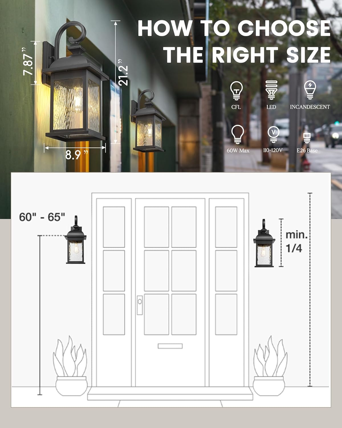 FEMILA 21" Outdoor Wall Light Fixture, Rust-Proof Waterproof Outdoor Wall Light, Ideal for Porch, Patio, Entryway,Garage, with Water Ripple Glass, 4FD54B2 BK-WP