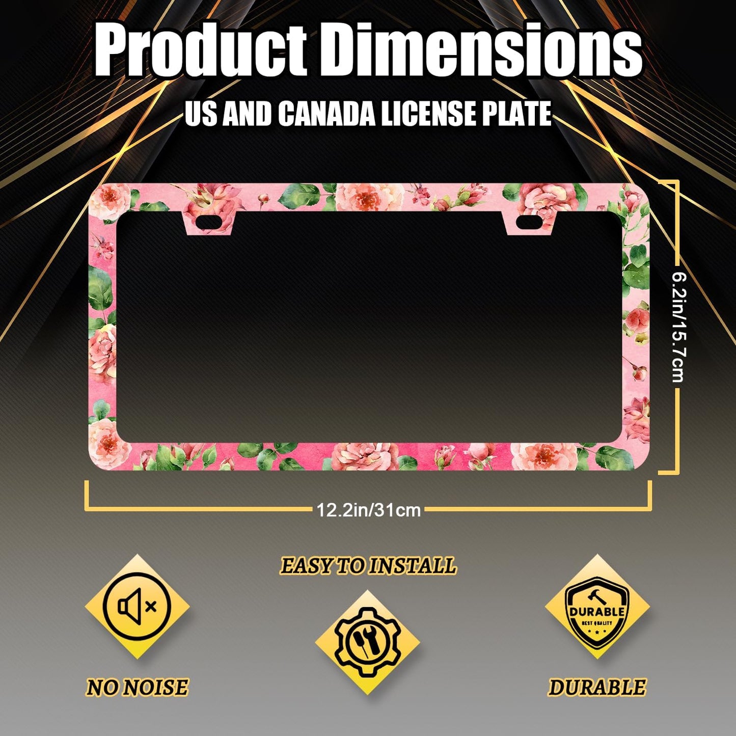 Watercolor Roses License Plate Frame Pink Floral Flower License Plate Holder for Women Car Decorative Stainless Steel Colorful License Plate Flowers Auto Parts with Screws 12.2" x 6.2"