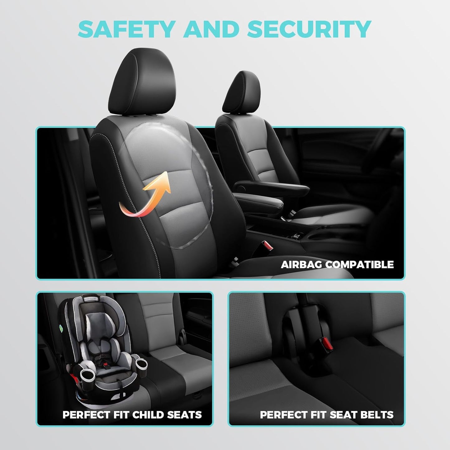 Custom Fit for Honda Pilot Seat Covers - Car Seat Covers Full Set for Pilot LX EX 2016 2017 2018 2019 2020 2021 2022 8 Seats, Leather Automotive Seat Covers, Black Grey