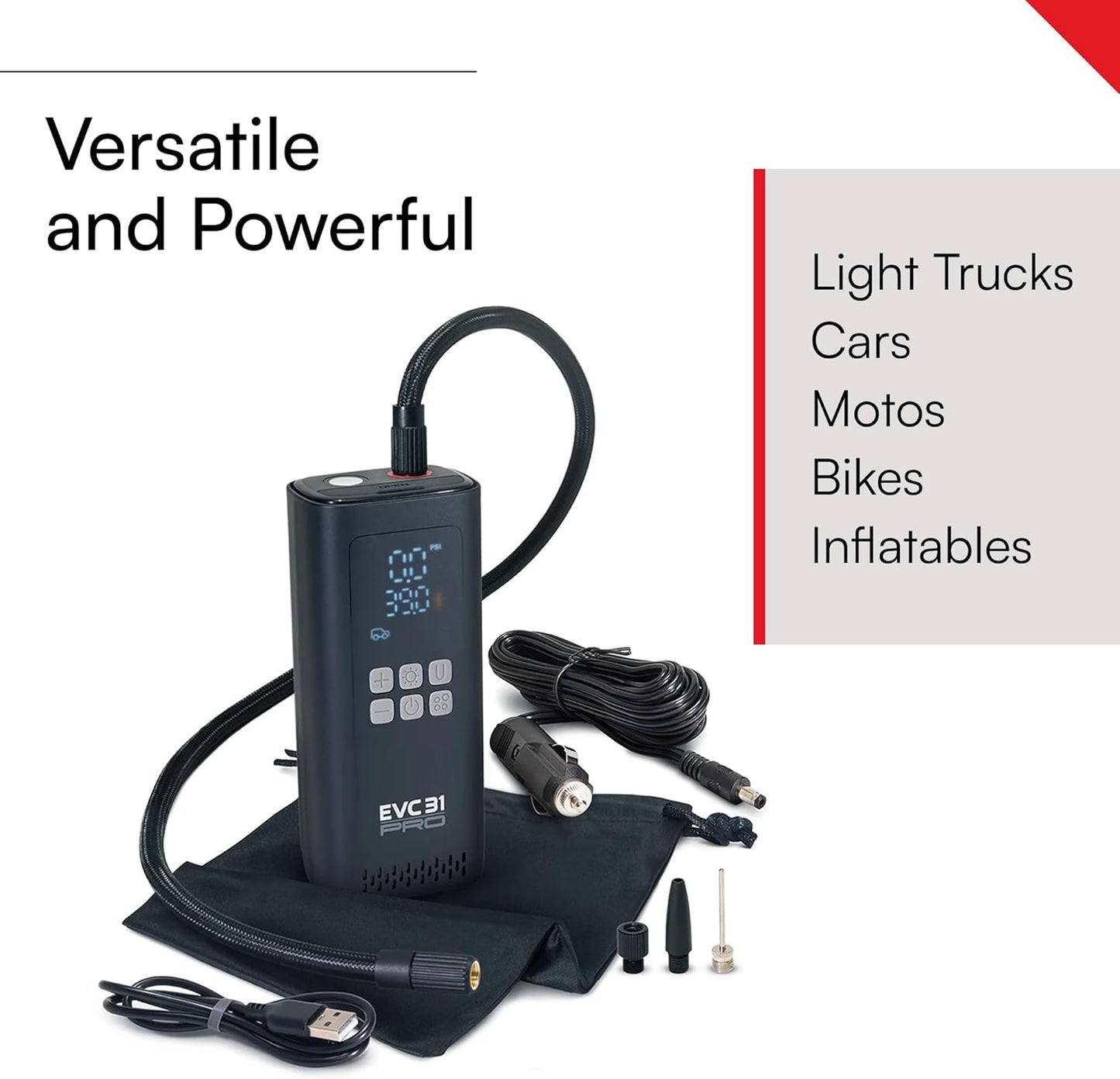 Viair Every Vehicle Carry EVC31 PRO - rechargeable, portable air compressor, dual power source, LED gauge w/preset - Tire Inflator Ideal for LT truck & suv's, cars, motorcycles, & E-bikes