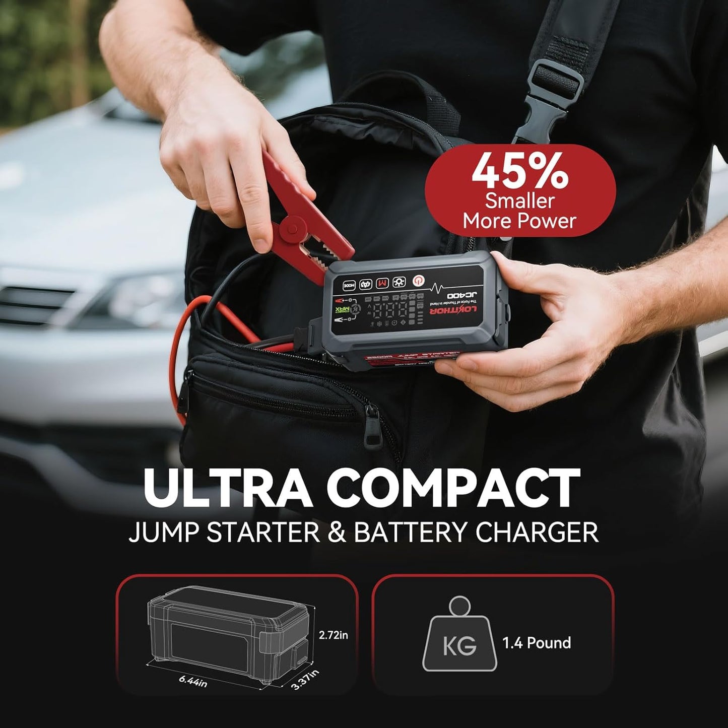 JC400 9-in-1 Battery Charger and Jump Starter, 2500A 12V Portable Jump Box for Car Upto 8.5L Gas/6.5L Diesel, 750mA/1A/2A, 6V/12V Automotive Battery Maintainer, Trickle Charger and Desulfator