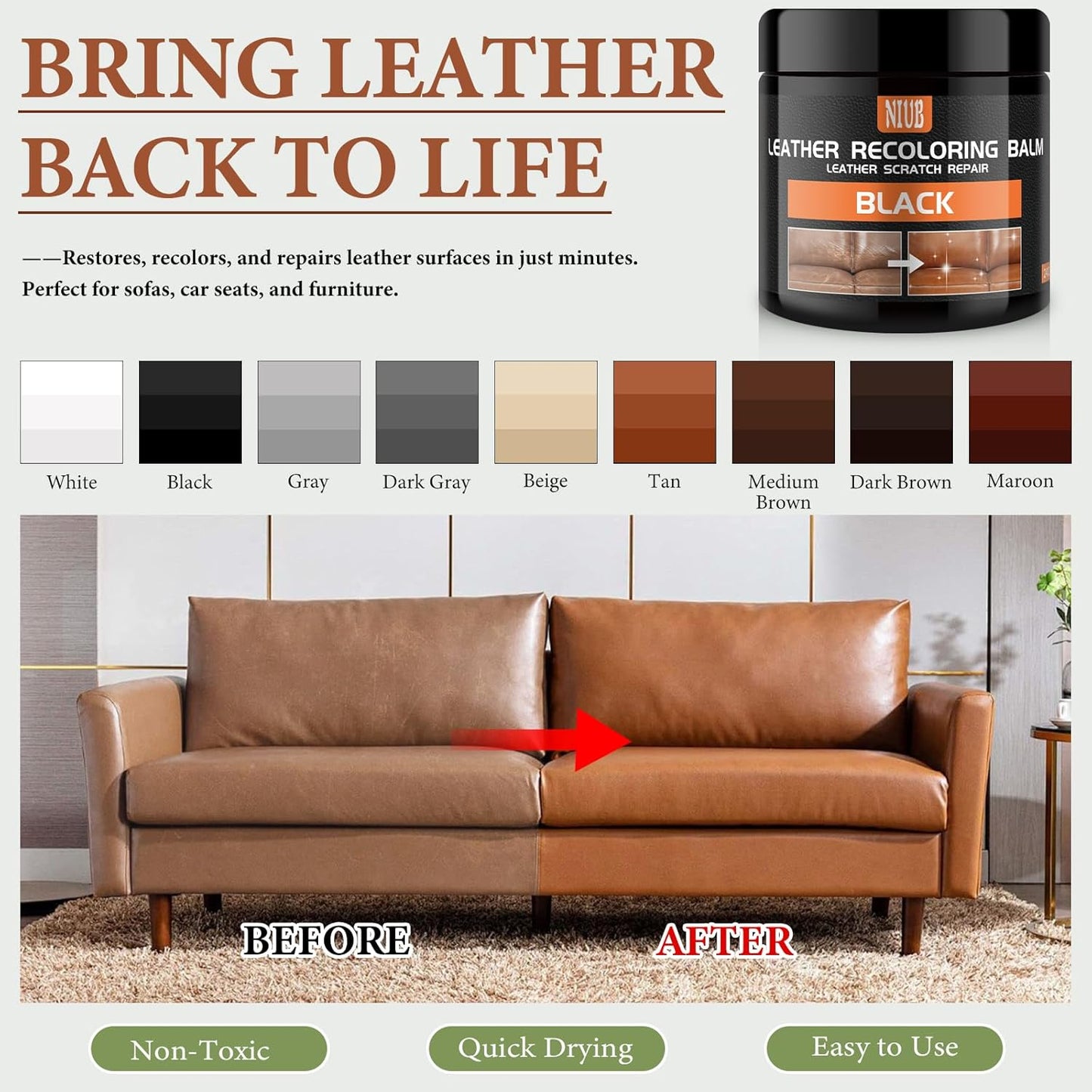 Leather Recoloring Balm Leather Color Restorer Scratch Repair Leather Paint for Furniture Couches Car Seats Shoes Bags Leather Dye and Scratched Leather with Leather Conditioner - Beige