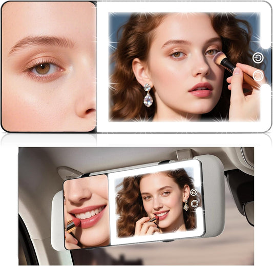 Car Sun Visor Vanity Mirror with Lights & 20X Magnification, Led Light up Makeup Mirror for Sun Visor, Rechargeable 3 Colors Dimming Light, Universal Accessories for Car SUV Truck