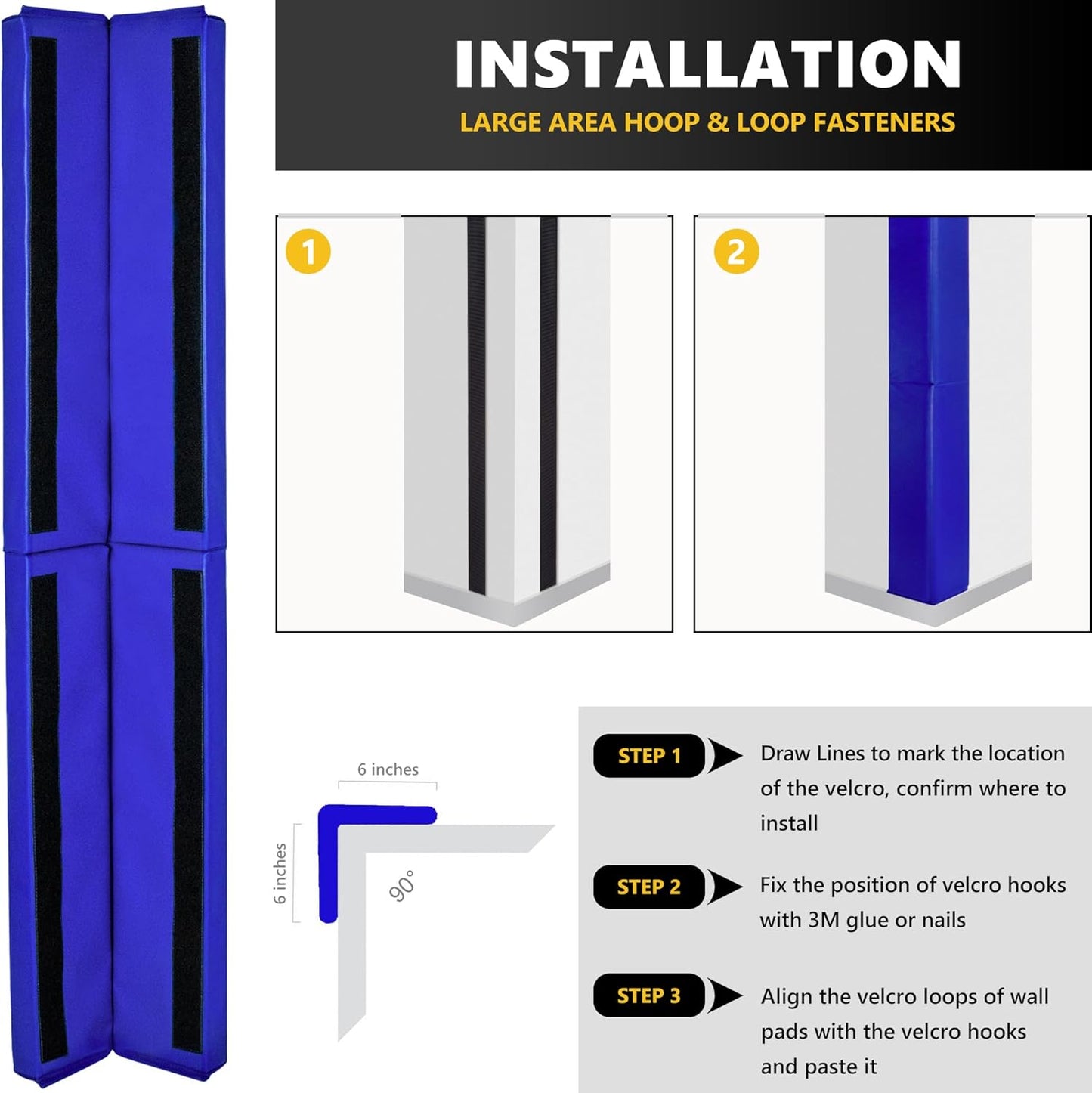 Wall Corner Guards & Edge Protector, Heavy Duty Wall Corner Protective Safety Padding, All-Weather 2 Sides Corner Pad for Gyms, Basketball Court, Playrooms, Garages,etc. (Blue, 5FT Tall 6in Sides)
