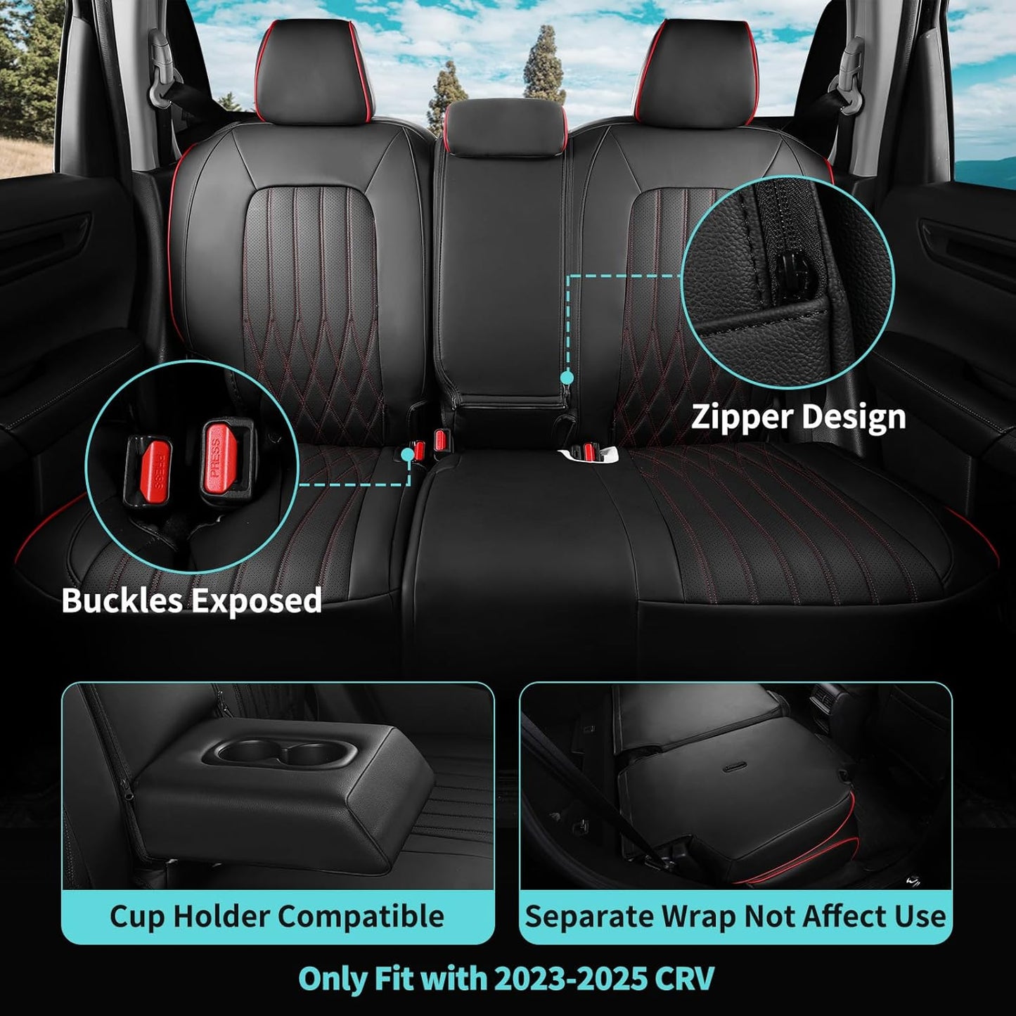 Seat Covers for Honda CRV 2023 2024 2025 2026 EX/EXL/LX/Sport/Touring/Special Edition, Hybrid & Gas, 1:1 Custom Leather Seat Covers Full Set - BlackRed