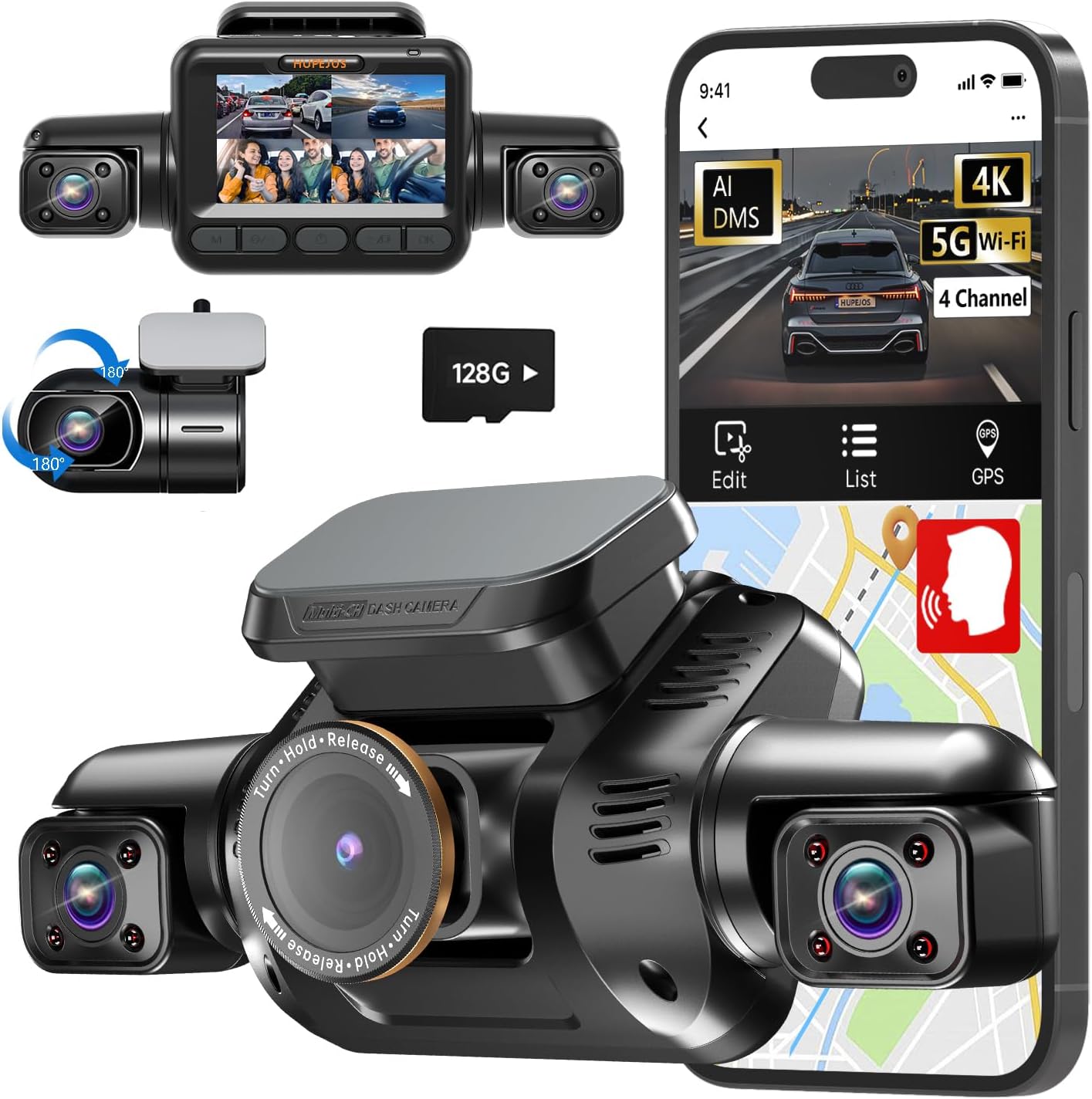 AI Dash Cam Front Rear Inside with Driver Monitor System, 360° Car Camera 4K, 4 Channel Camera for Cars Built-in WiFi GPS, Dashcam with 128GB SD Card, Night Vision, 24H Parking Mode, Upgrade DMS V8Pro