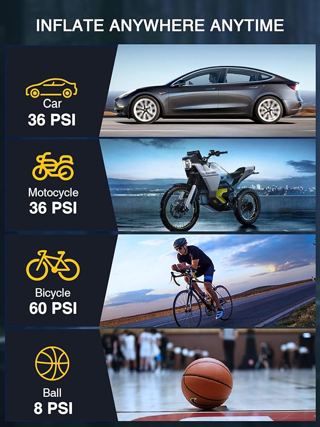 AZUNO Tire Inflator Portable Air Compressor, 3X Fast Inflation Portable Air Pump, Auto Shut-Off Tire Pump for All Cars Motorcycles & Bikes, with Presta and Schrader Valves, Accurate Pressure, 150PSI