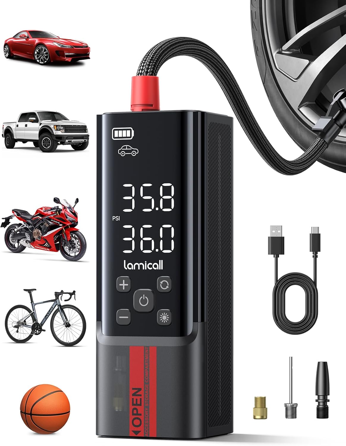 Lamicall Portable Car Tire Inflator - Air Compressor [150 PSI] [4X Faster] Cordless Car Air Pump with Rechargeable Battery, Digital Display Pressure Gauge, LED Light, for Cars, Motorcycles, Bike, Ball
