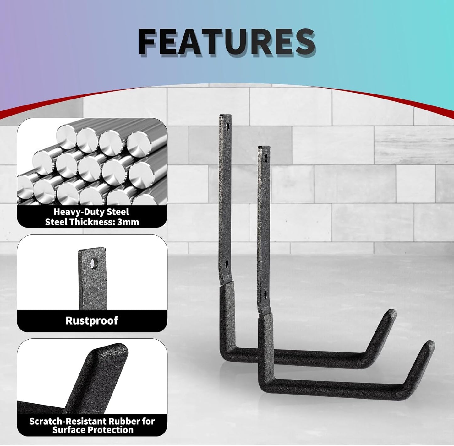 Heavy Duty Wall Hooks, Utility Hooks, Tool Organizer - Large Steel U Hooks for Garage & Garden, Hose Hanger (2 Pack)