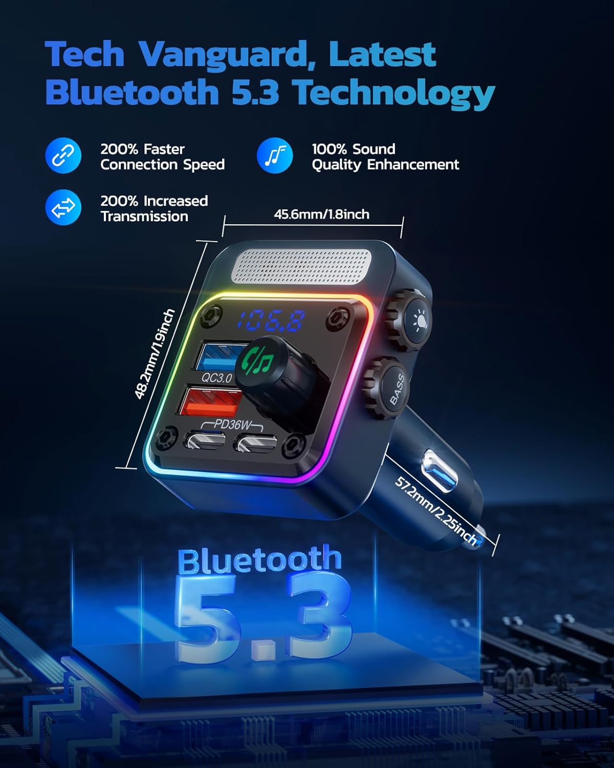 Nulaxy 54W Bluetooth 5.3 Car Adapter with 4 Charging Ports [PD 36W & QC3.0 18W], Wireless Radio FM Transmitter with Deep Bass Player & 5 Colors LED Backlit, Hands-Free Calling - Blue