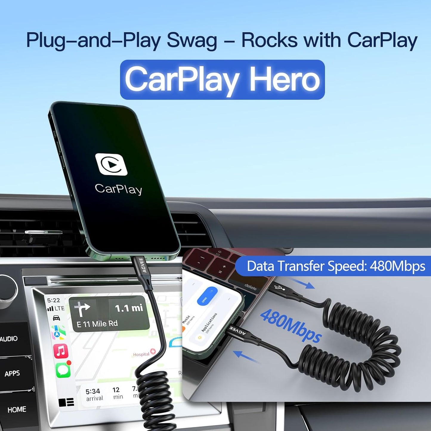 AGVEE 5ft Coiled Short USB-C to USB-C Charging Cable [USB-IF Certified] 60W PD Fast Charger Cord in Car for iPhone 16/15 CarPlay, Galaxy S25 S24 S23 S22 S21 S10 S9 S8, Google Pixel, Black