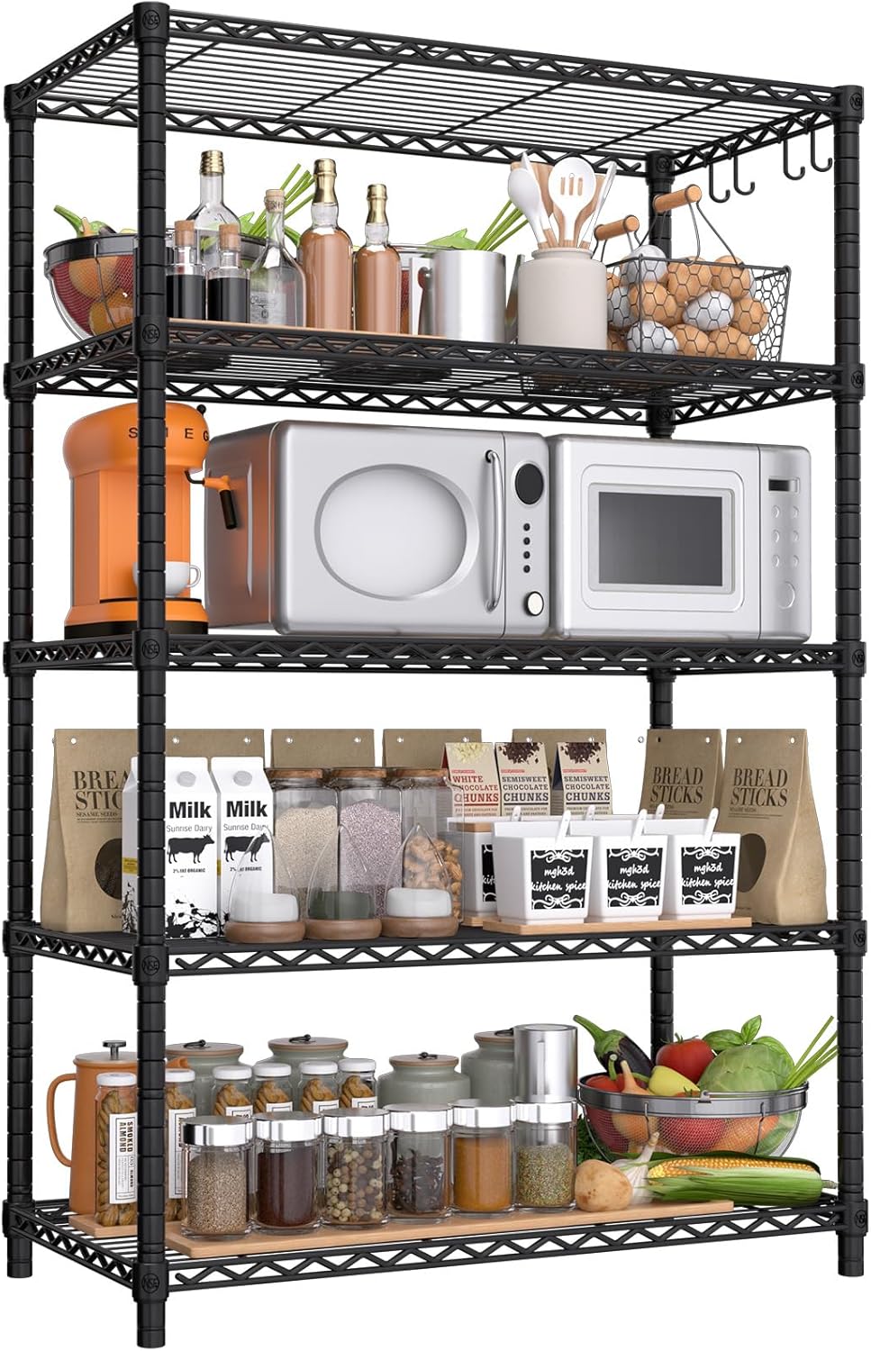 PrimeZone Wire Metal Storage Shelves - 5 Tier Adjustable NSF-Certified Heavy Duty Garage Shelving Unit Organizer Rack, Steel Utility Shelf for Kitchen, Pantry, Closet, 35.5" W x 14" D x 72" H, Black