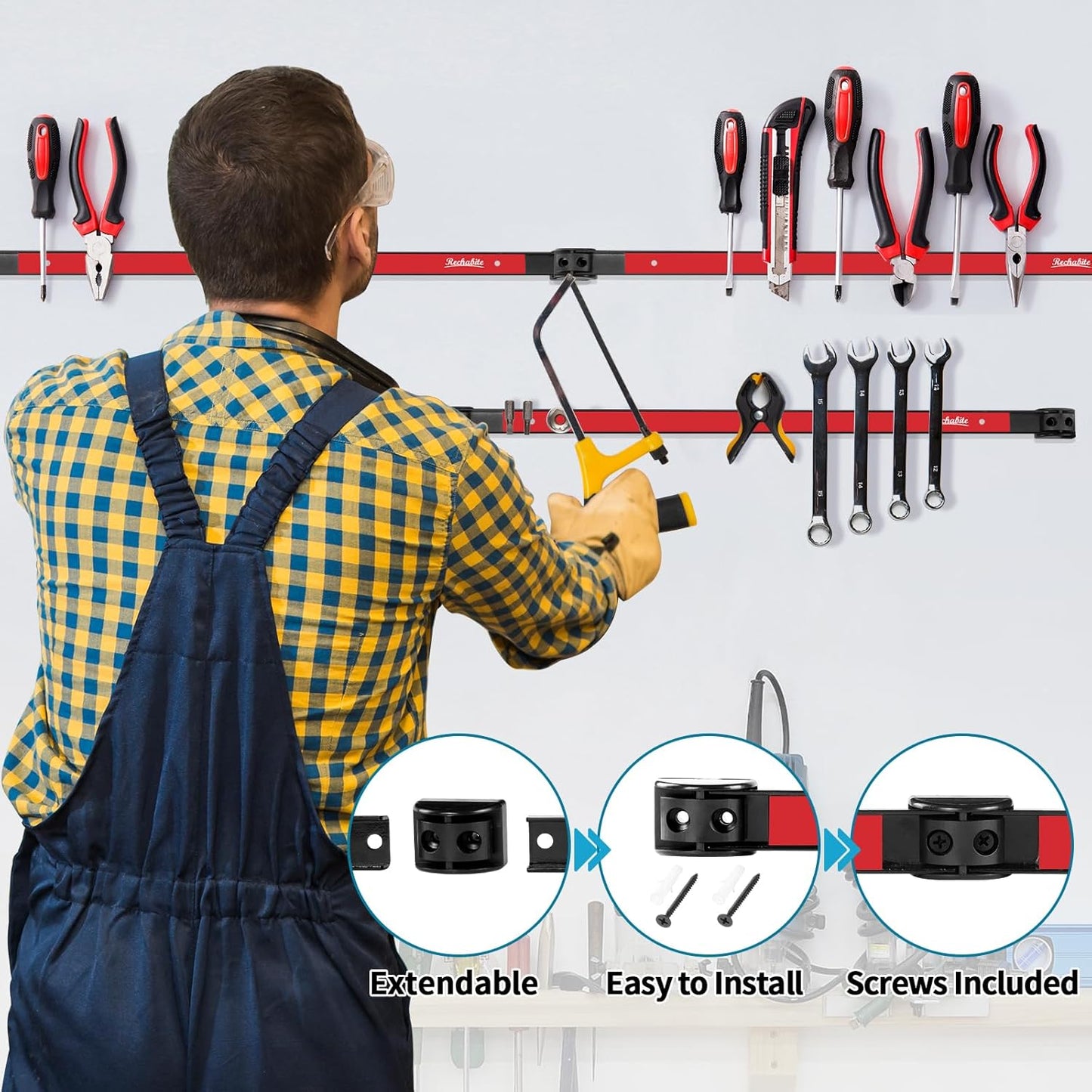 6 Pieces 24" Magnetic Tool Holder Strip, Red Magnet Bar, Metal Tool Organizer Rack for Garage Organization, Easy To Install in Workshop, Mounting Screws Included
