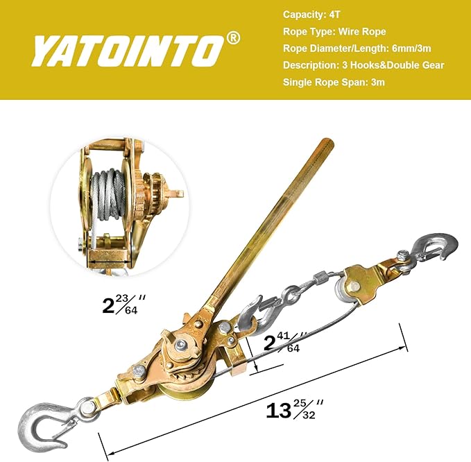 Come Along Winch 4 Ton (8800 lbs) Pulling Capacity 10 ft Steel Cable 3 Hooks Heavy Duty Ratchet Power Puller Tool with Dual Gears Automotive Hoist Cable Puller