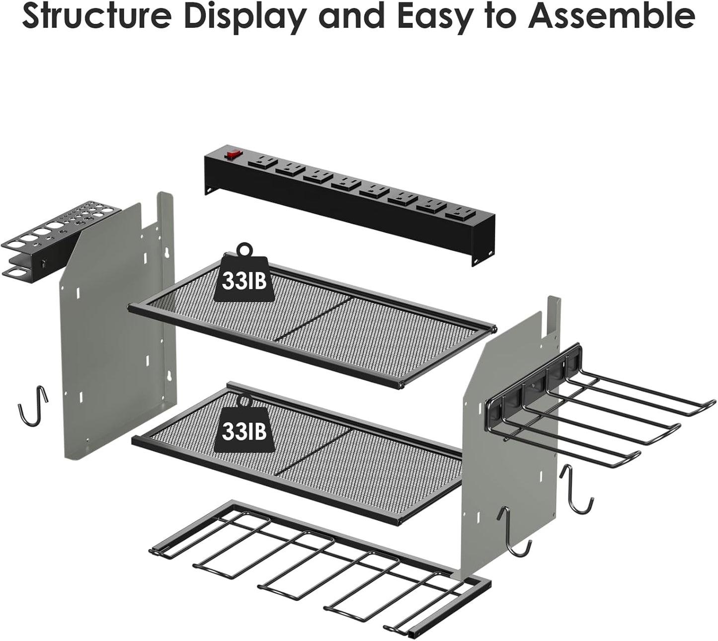 CCCEI Modular Power Tool Organizer Wall Mount Charging Station, Grey 6 Drills Holder with 8 Plug Power Strip 6FT, Garage Drill Battery Heavy Duty Metal Shelf, Utility Rack with Hooks, Side Storage.