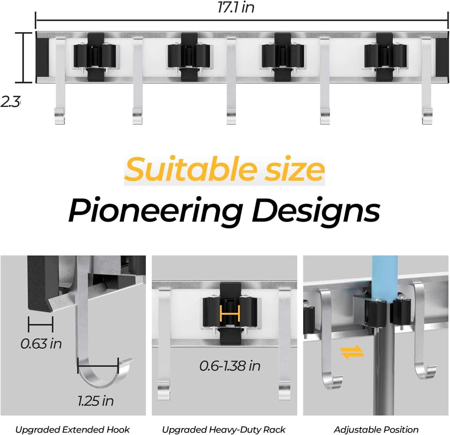Broom Holder Wall Mount, 4 Star Roller Clips & 5 Extra Long Hooks, Thickened Backboard, Heavy Duty 55lbs Garden Tool Organizer for Mop, Rake, Shovel Storage