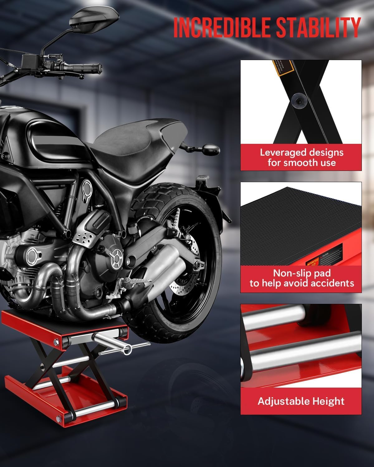 Motorcycle Scissor Jack - 1100LBS Heavy Duty Motorcycle Lift with Safety Lock Pin & Non-Slip Saddle, Manual Crank Handle, 3.7"-18.7" Lift Range for Dirt Bike Stand, Cruiser & ATV Garage Repair