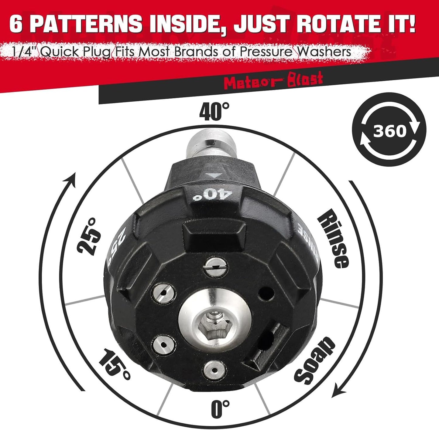 Meteor Blast Pressure Washer Nozzle, 6-in-1 Quick Change over and Adjustable, Power Washer Tips Replacement with 1/4 inch Quick Connector, MAX 4500PSI for Pressure Washer