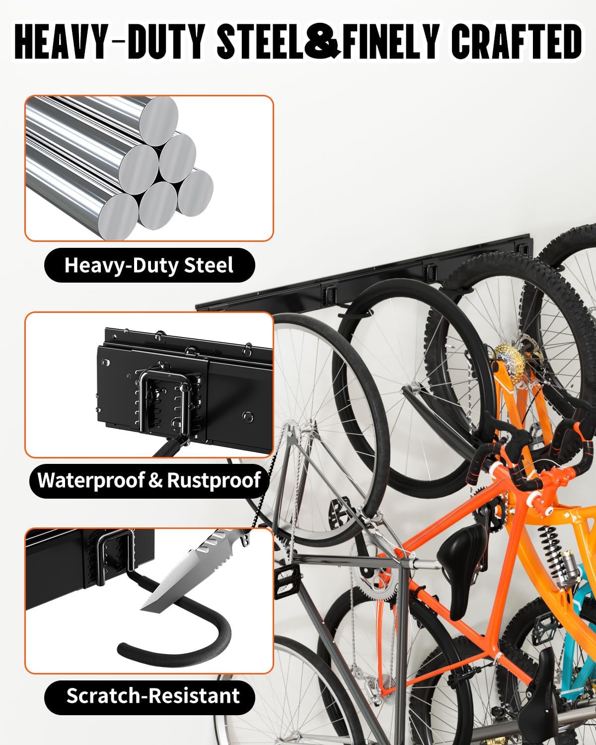 Bike Rack Wall Mount, Bike Hooks for Garage Storage,Vertical Bike Hanger for Indoor Use, Holds Up to 300 lbs, Adjustable Hook System with 4 Hooks and 3 Rails,48 Inches, Black