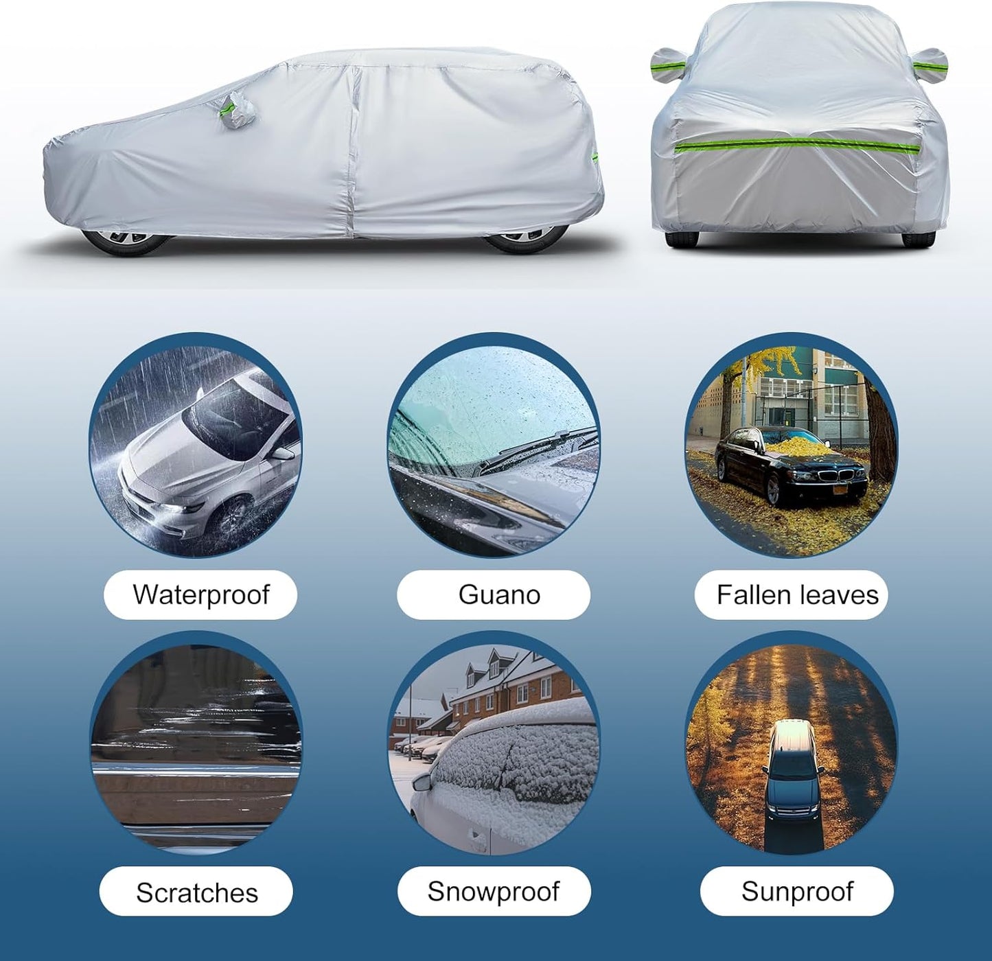 AUQDD 6-Layers Premium SUV Car Cover Waterproof All Weather Weatherproof UV Sun Protection Snow Dust Storm Resistant Outdoor Exterior Custom Form-Fit Full Padded Car Cover with Straps 205"-216" K10