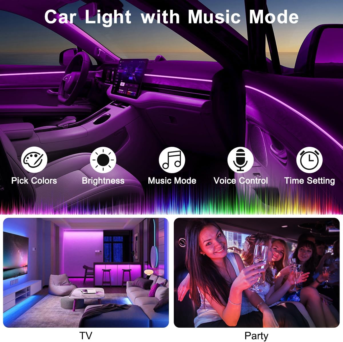 Interior Car LED Strip Lights with Wireless APP & Remote Control, RGB 2 in 1 Car Ambient Lighting Kit with 158 Inches Fiber Optic, Inside Neon Dash Strip with Music Mode