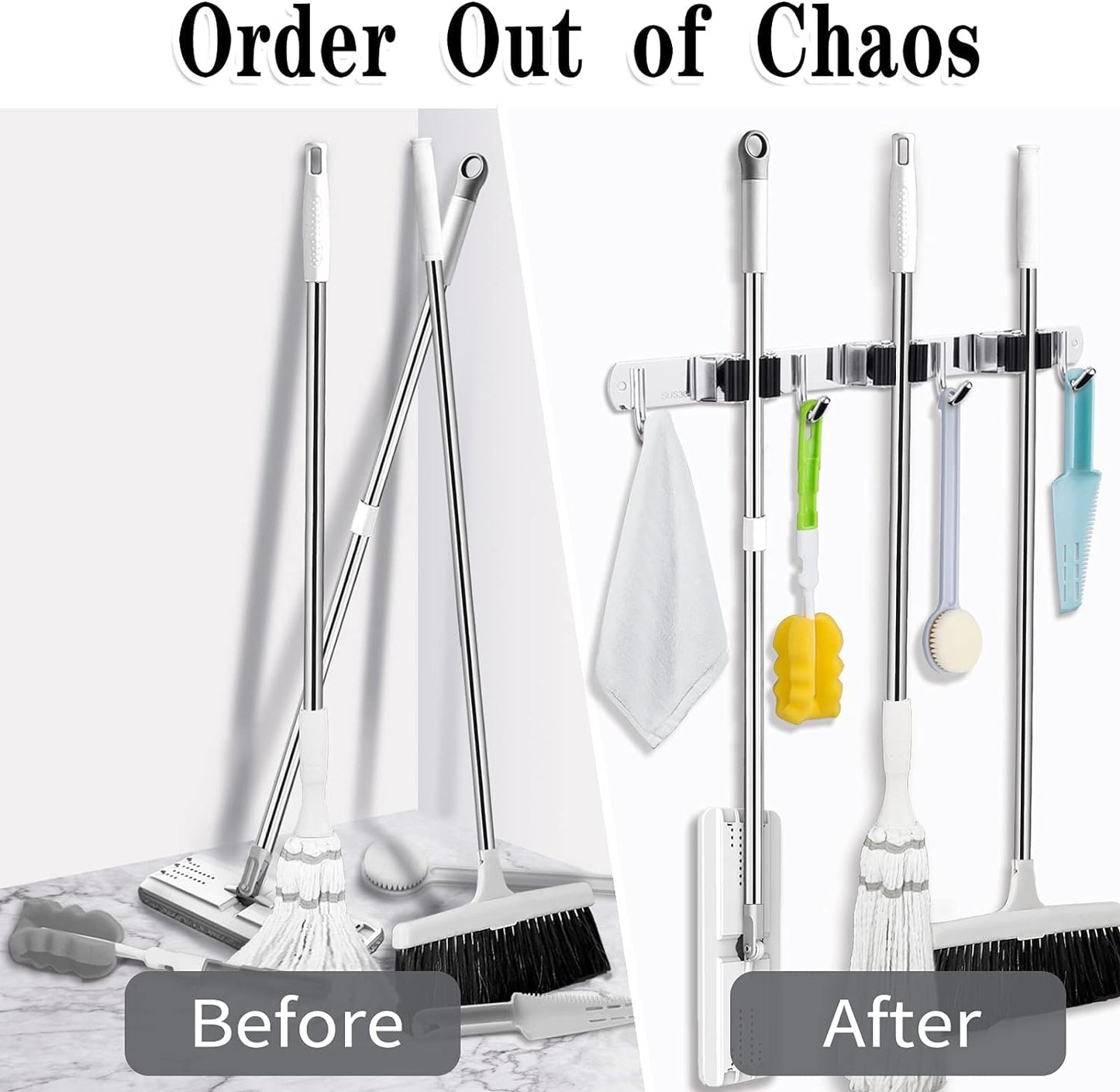 3 Racks and 4 Hooks Broom and Mop Holder Wall Mounted Garage Organizer Storage Tool Racks Stainless Steel Heavy Duty Hooks Self Adhesive Solid Non-slip Wall Hangers for Home Kitchen Garden Laundry