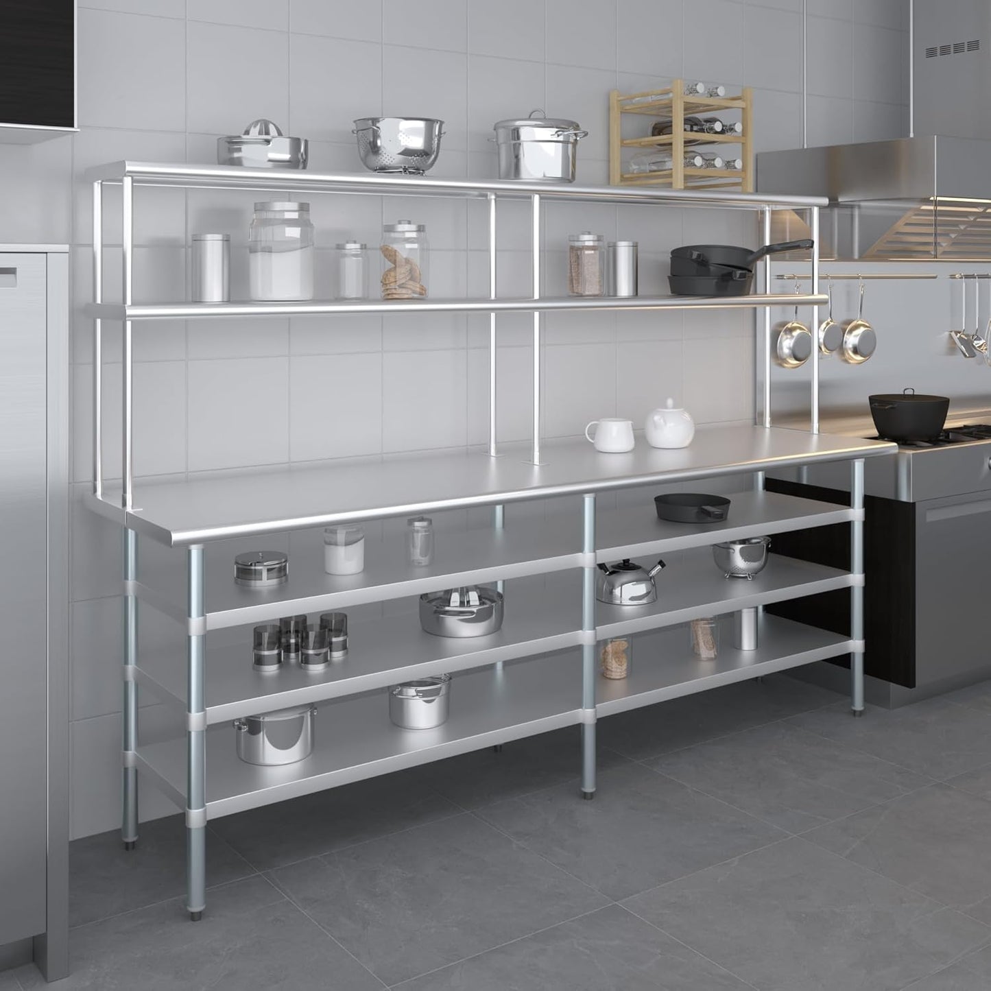 Amgood 24" x 60" Stainless Steel Work Table with 3 Shelves and 12" Wide Double Tier Overshelf | Metal Kitchen Prep Table & Shelving Combo | NSF